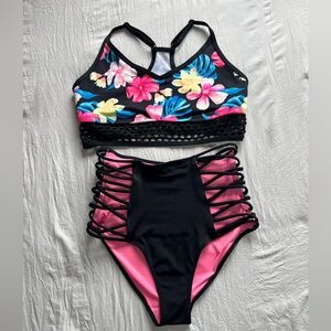 PINK Victoria's Secret Floral‎  Black and Pink swimsuit set Size M/L